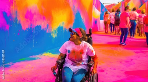 Summer 2023 atmosphere. A person with disabilities enjoying a day out in a colorful outdoor art festival with a mix of bright and bold colors such as pink, orange, and blue. Generative ai.