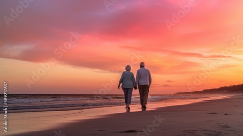 Summer 2023 atmosphere. An elderly couple enjoying a walk on a beach, holding hands and admiring the beautiful sunset with shades of pink and orange in the sky. Generative ai.