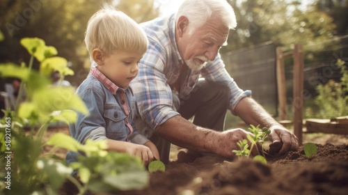 Summer 2023 atmosphere. A grandfather and his grandchild planting flowers or vegetables in the garden. Generative ai. photo