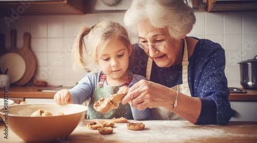 Summer 2023 atmosphere. A grandmother and her grandchild baking cookies together in the kitchen. Generative ai. photo