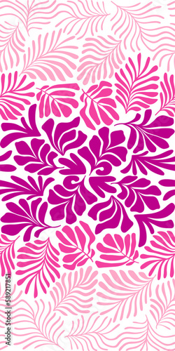 Purple pink abstract background with tropical palm leaves in Matisse style. Vector seamless pattern with Scandinavian cut out elements.