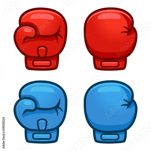 Cartoon red and blue boxing glove icon, front and back. Isolated vector illustration.