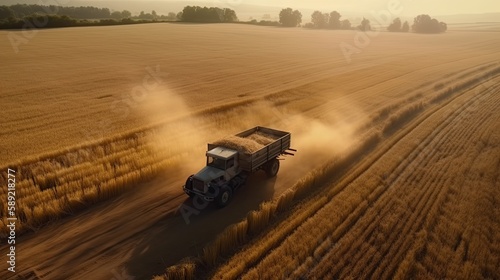 truck on the road, agricultural field, generative Ai