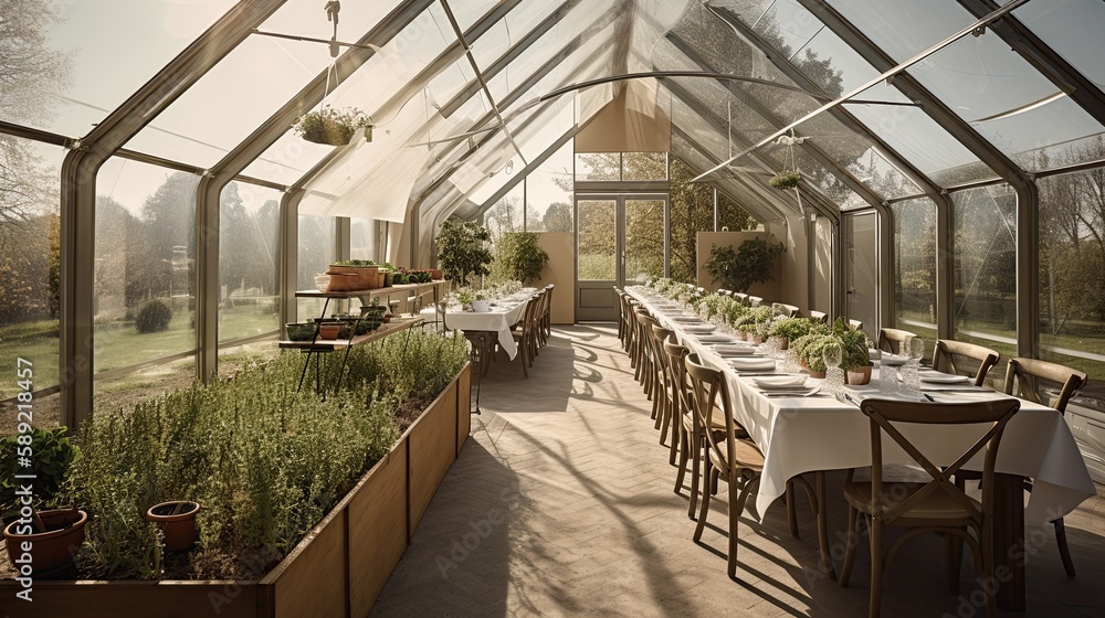glass greenhouse with plants and tables, green space, generative AI