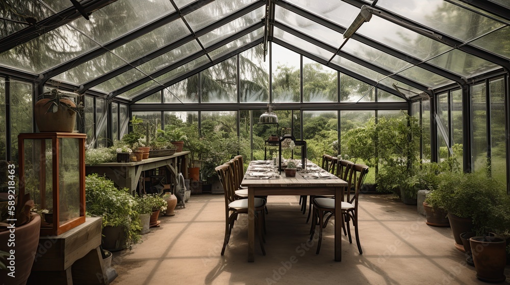 glass greenhouse with plants and tables, green space, generative AI