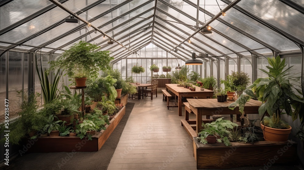 glass greenhouse with plants and tables, green space, generative AI glass greenhouse with plants and tables, green space, generative AI