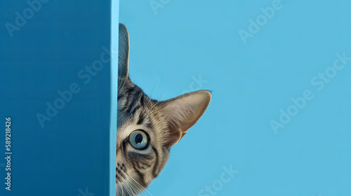 Curious cat. Siamese cat with blue eyes. cat peeking around the corner photo