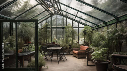 glass greenhouse with plants and tables  green space  generative AI