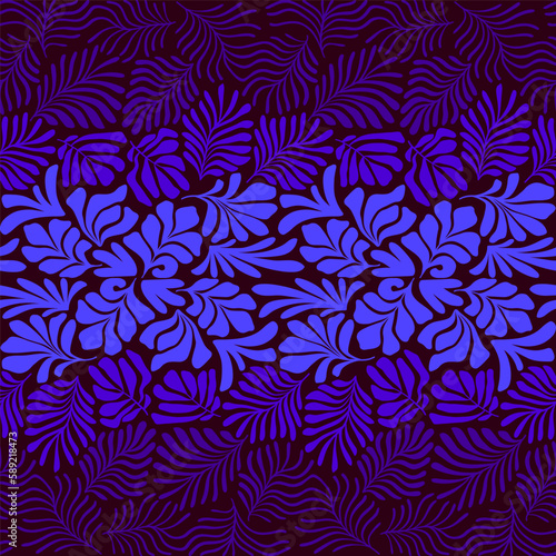 Purple blue gradient abstract background with tropical palm leaves in Matisse style. Vector seamless pattern with Scandinavian cut out elements.