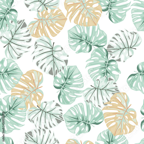 Monstera leaves seamless pattern. Exotic jungle plants endless wallpaper. Leaf background. Hawaiian rainforest floral backdrop. © smth.design