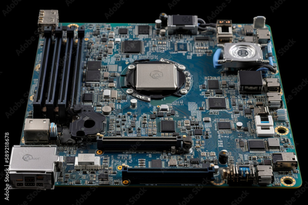 A top-down close-up shot of a motherboard's CPU socket and silk screen in a studio with softbox lighting, Created with generative Ai Technology. A top-down close-up shot of a motherboard's CPU socket and silk screen in a studio with softbox lighting, Created with generative Ai Technology.