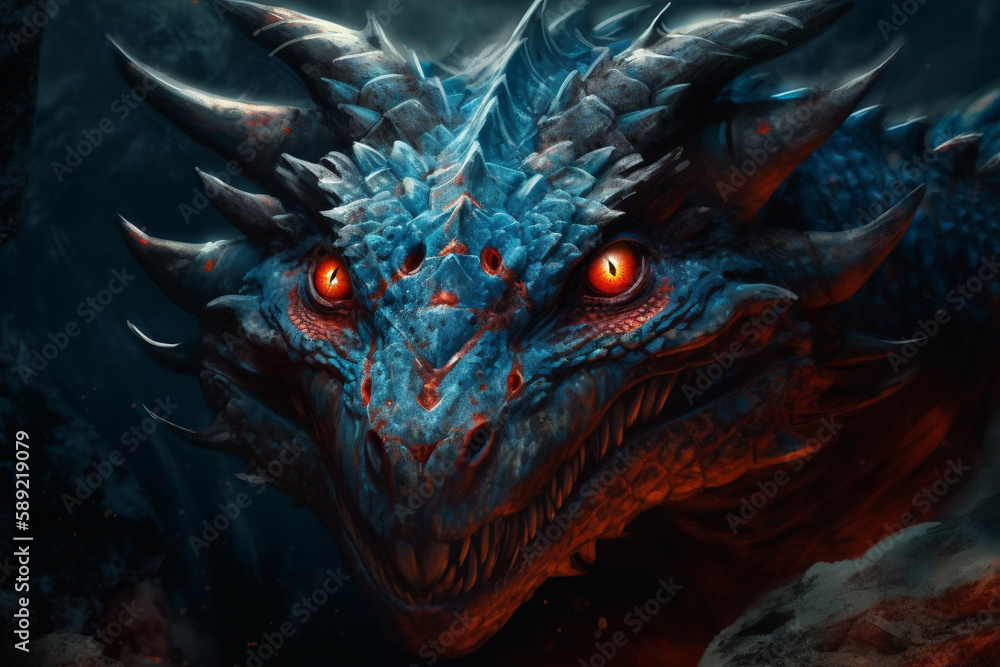 Fantastic dragon with in blue color with red eyes. Mythology fantasy or fairytale reptile monster macro close up. Ai generated Fantastic dragon with in blue color with red eyes. Mythology fantasy or fairytale reptile monster macro close up. Ai generated