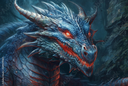 Fantastic dragon with in blue color with red eyes. Mythology fantasy or fairytale reptile monster macro close up. Ai generated