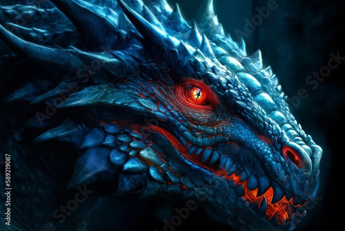 Fantastic dragon with in blue color with red eyes. Mythology fantasy or fairytale reptile monster macro close up. Ai generated
