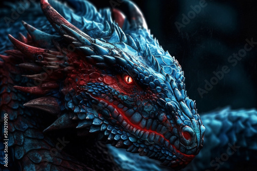 Fantastic dragon with in blue color with red eyes. Mythology fantasy or fairytale reptile monster macro close up. Ai generated © dragomirescu