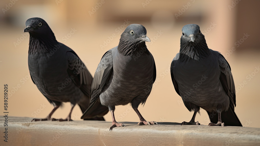 black pigeons on a fence. Generative AI image. black pigeons on a fence. Generative AI image.