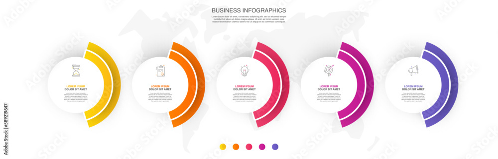 infographics arrow symbol timeline with circle button... Business vector infographics with 5 circles and icons. Timeline ...