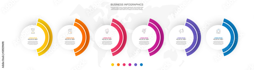Business vector infographics with six circles and icons. Timeline ...