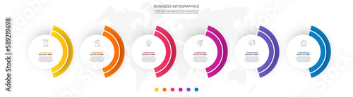 Business vector infographics with six circles and icons. Timeline visualization with 6 steps for diagram, flowchart, banner, presentations, web, content, levels, chart, graphic