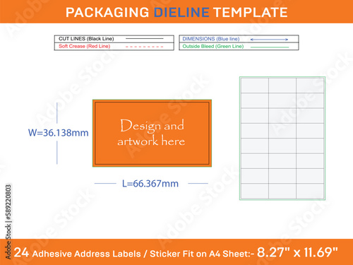 24 Adhesive Address Labels Dieline Template 66.367 x 36.138mm photo