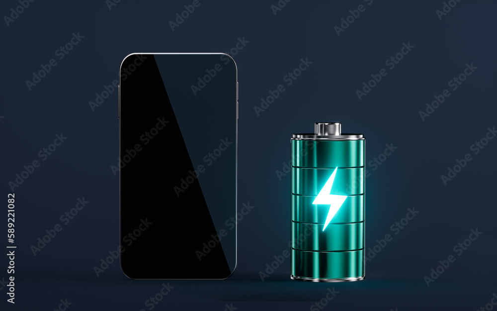 Mobile phone and alkaline battery, 3d rendering. Mobile phone and alkaline battery, 3d rendering.