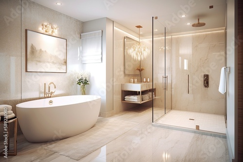 Sleek Cream Marble Bathroom with Glass Shower and Heated Floors  Generative AI