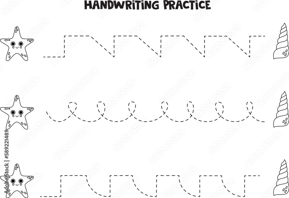 Tracing lines for kids. Cute starfish and seashell. Writing practice. Tracing lines for kids. Cute starfish and seashell. Writing practice.