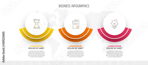 Vector infographic design template. Modern timeline concept with three steps, circles. Vector illustration used for diagram, workflow layout, banner, webdesign