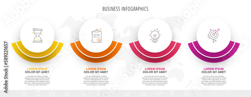 Vector infographic design template. Modern timeline concept with four steps, circles. Vector illustration used for diagram, workflow layout, banner, webdesign