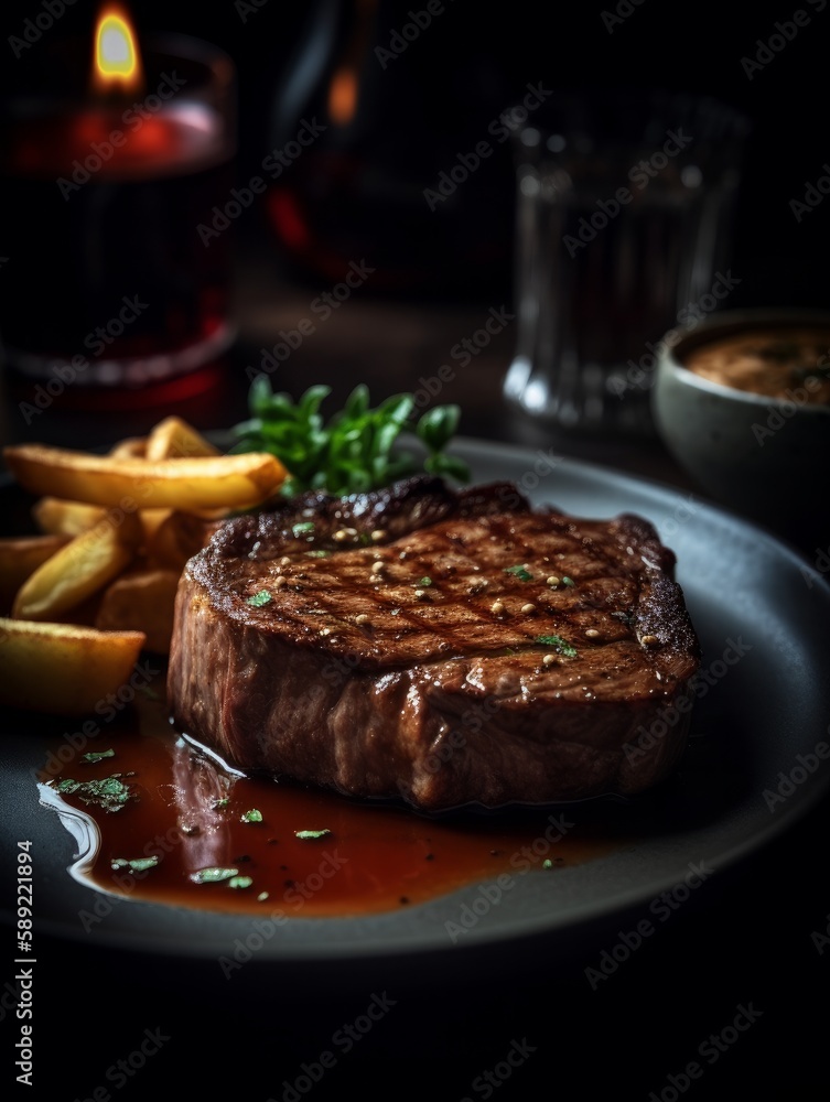 A delicious beef steak and crispy fries on a plate - Generative AI Illustration A delicious beef steak and crispy fries on a plate - Generative AI Illustration