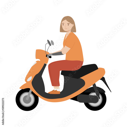 Young woman with a prosthetic arm riding electric scooter. Handicapped person riding modern motor scooter