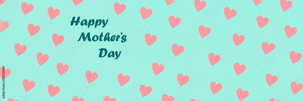 pink heart on pastel green background, top view with copy space. Greeting card. Happy mothers day holiday concept. Flat lay.Card with text HAPPY MOTHER'S DAY