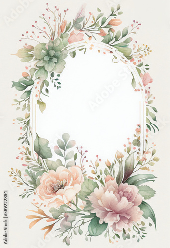 Vertical Floral Frame, Watercolor Flowers, Illustration, Generative AI