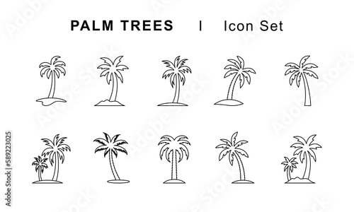 Palm trees icons set. Editable stroke.