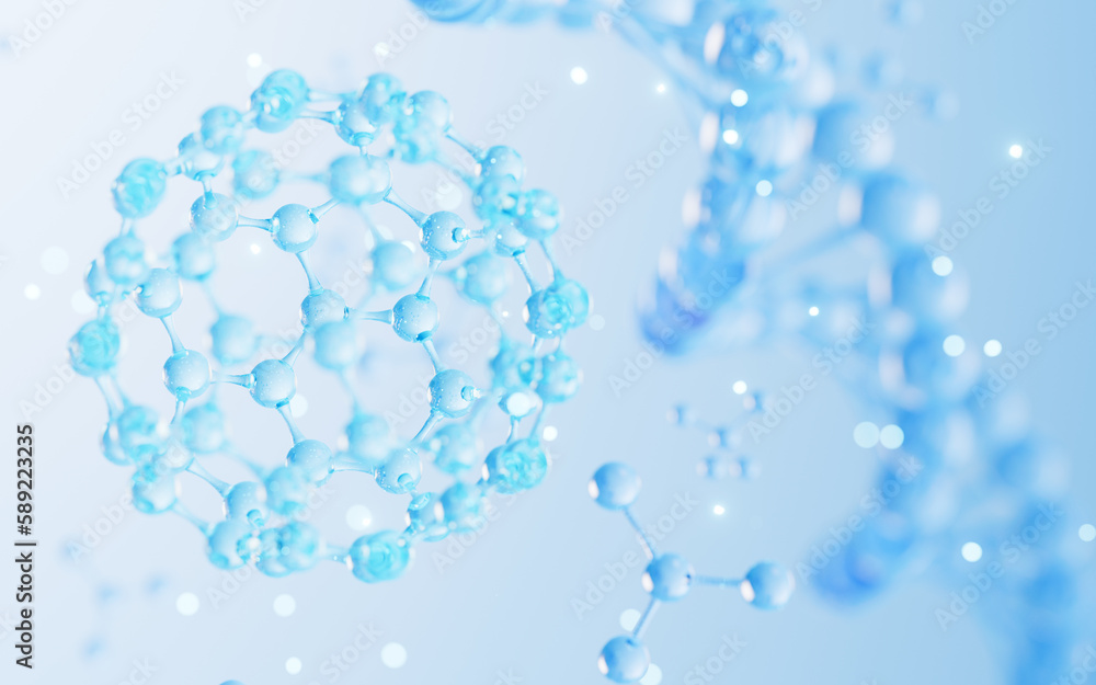 Floating molecules and DNA in the blue background, biology and cosmetic medicine concept, 3d rendering.