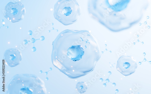 Floating cells in the blue background, skin treatment, biology and medicine concept, 3d rendering.