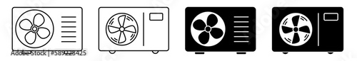 Heat pump icon set. AC outdoor unit symbol. Heating and cooling appliance. Vector