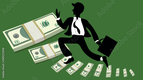 A man runs up the steps from dollars to income and profit, to prosperity and abundance.
