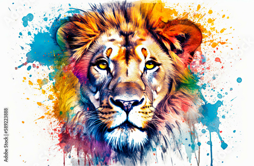Portrait of a lion on multicolored splashes background. illustration in grunge style