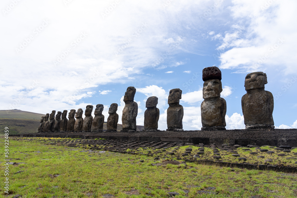 15 moai statues facing inland at Ahu Tongariki in Rapa Nui National Park on Easter Island (Rapa Nui), Chile. The Ahu Tongariki is the largest ahu on Easter Island.  
