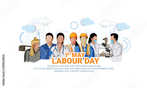  Labor Day ( 1st May) big Poster,banner With A Group Of People Of Different Occupations With abstract Background 