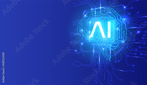 Circuit board CPU chip with AI smart brain big data processing futuristic technology. Artificial intelligence micro processor unit storage database vector concept background.