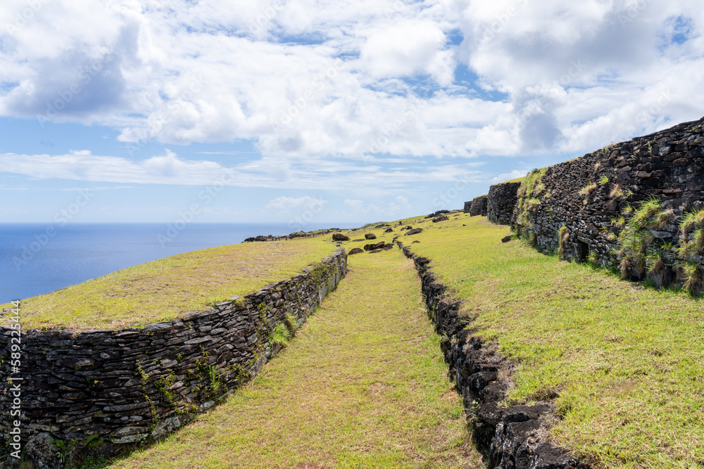 View of Orongo on Easter Island (Rapa Nui), Chile. Orongo is the ceremonial village used by the Rapa Nui people during the birdman era.