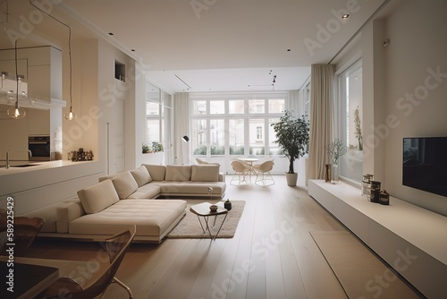 White minimalist living room interior with sofa on a wooden floor  decor on a large wall  white landscape in window. Home Nordic interior   Scandinavian interior poster mock up Generative AI