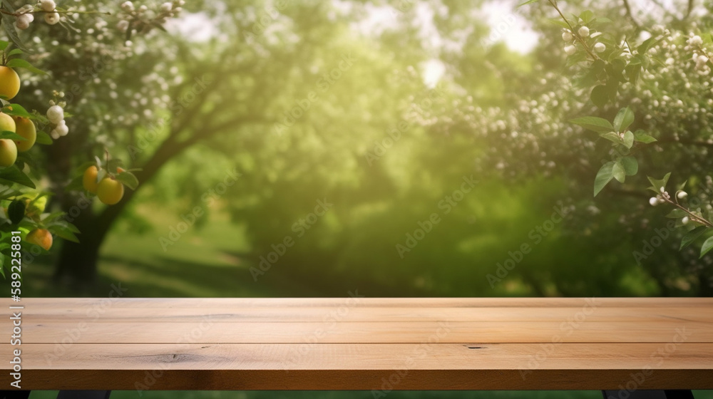 Empty wooden table top in front of a park with lemon trees and white flowers in the background Empty wooden table top in front of a park with lemon trees and white flowers in the background