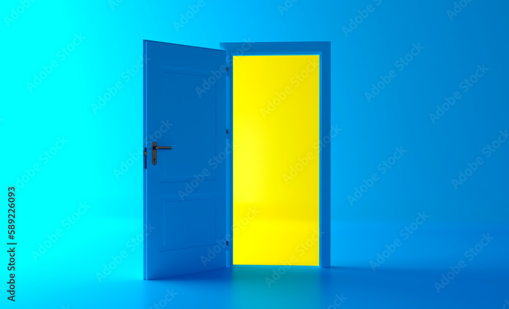 Open the door. Symbol of new career, opportunities, business ventures and initiative. Business concept. 3d render, yellow light inside open door isolated on blue background. Modern minimal concept. Open the door. Symbol of new career, opportunities, business ventures and initiative. Business concept. 3d render, yellow light inside open door isolated on blue background. Modern minimal concept.