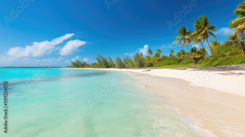 A panoramic view of a beach with crystal-clear turquoise water, pristine white sand, and lush palm trees in the foreground. AI Generative