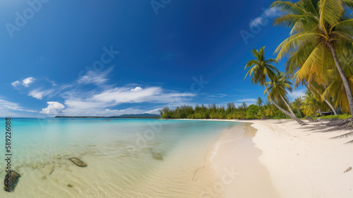 A panoramic view of a beach with crystal-clear turquoise water, pristine white sand, and lush palm trees in the foreground. AI Generative