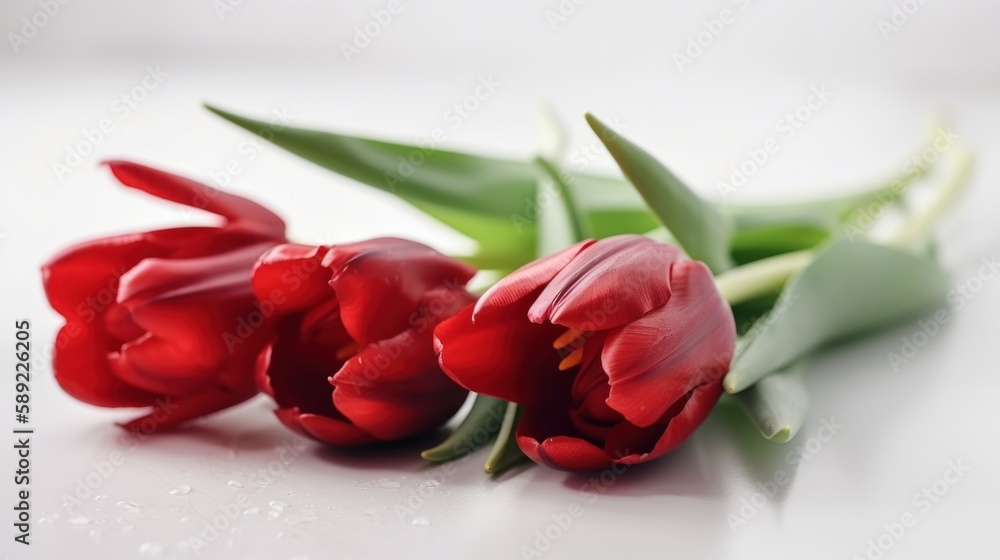 Closeup of red tulips on a white background. Generative AI Closeup of red tulips on a white background. Generative AI