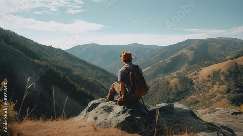Man hiker sitting on top of a mountain with a backpack, looking at the sunset with sky and clouds background landscape